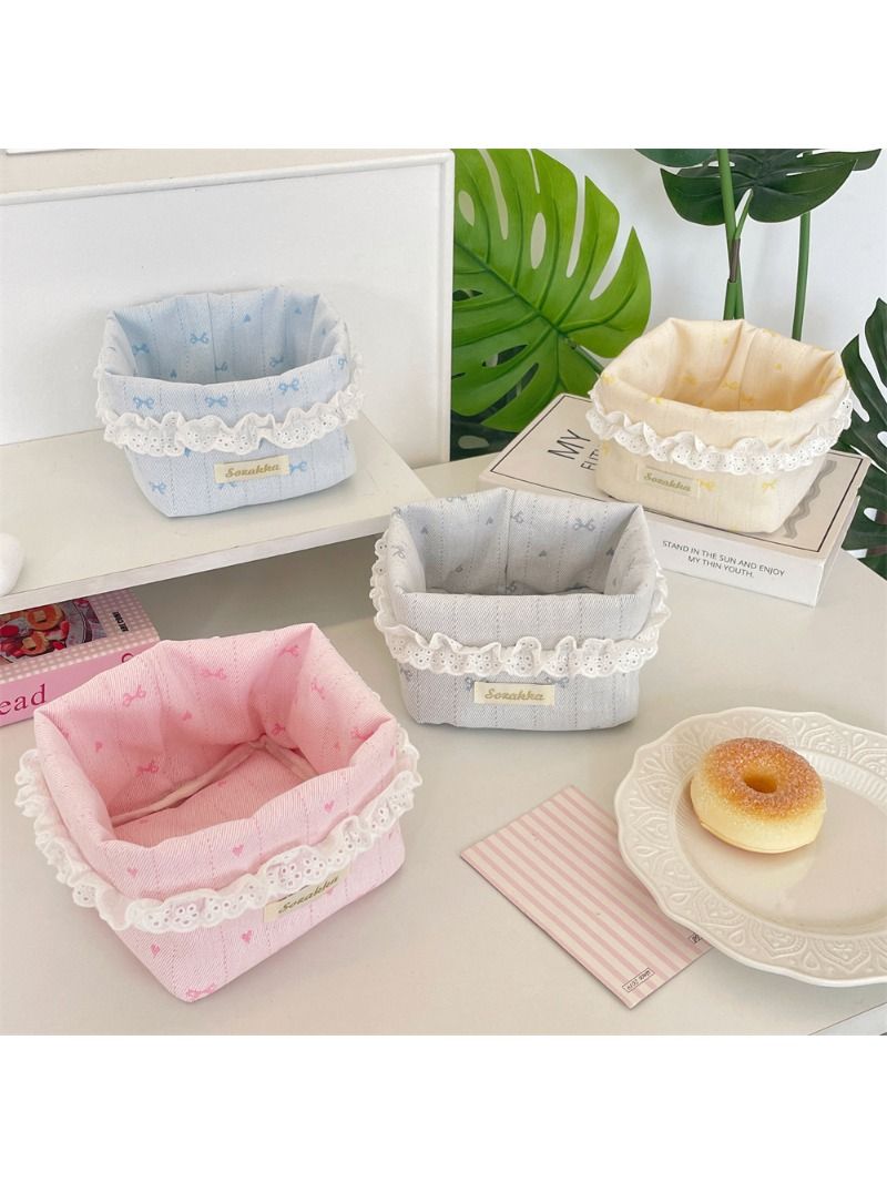 Light Pink Lace Storage Basket with Heart & Bow for Desktop Organization