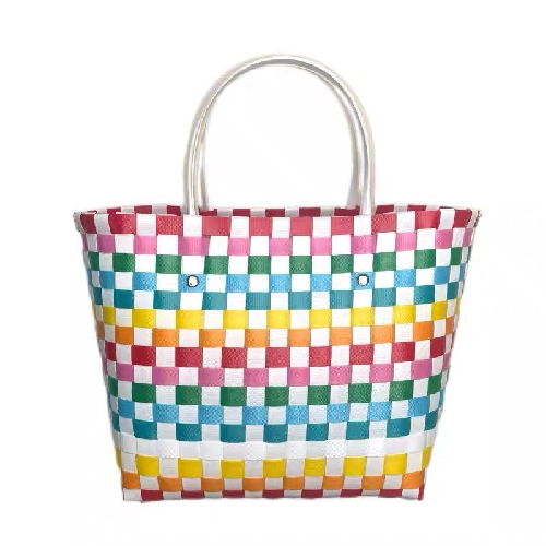 Handwoven Plaid Tote Bag, Large Capacity Waterproof Beach Basket for Travel