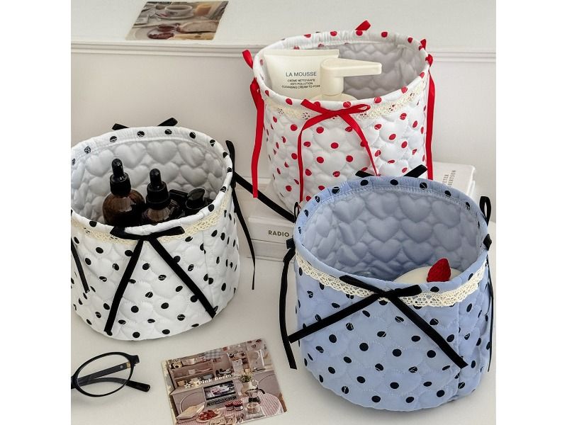 Quilted Bow Dot Round Storage Basket Desktop Organizer Home Decor