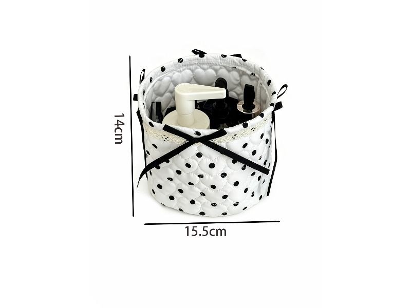 Quilted Bow Dot Round Storage Basket Desktop Organizer Home Decor